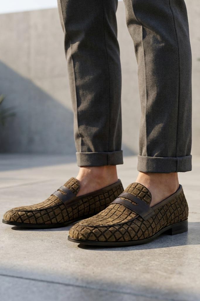 GINO Men’s Brown Patterned Horse Hair Leather Penny Loafers