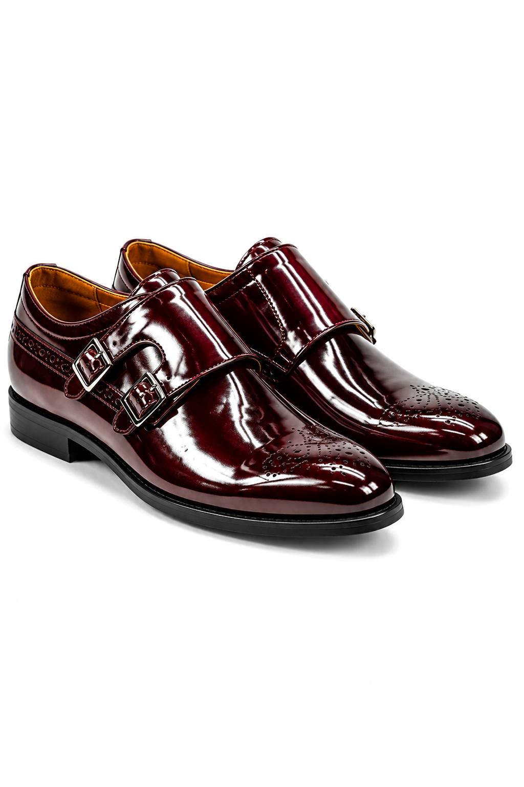 ROAN Men’s Maroon Glossy Patent Leather Monk Strap Dress Shoes