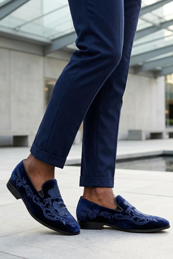 FRED Men’s Navy Blue Embroidered Velvet Party Loafers