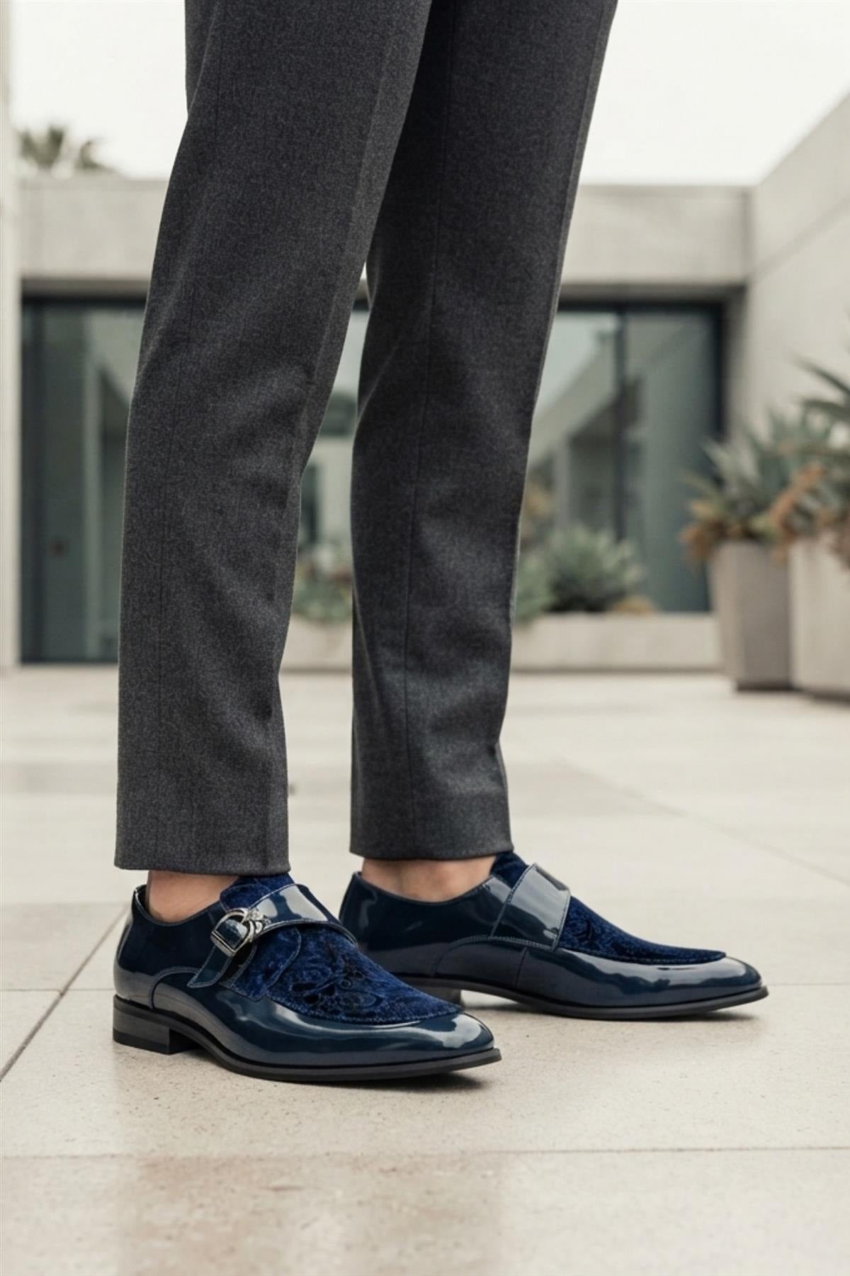 Men's Navy Floral Velvet Monk Strap Dress Shoes