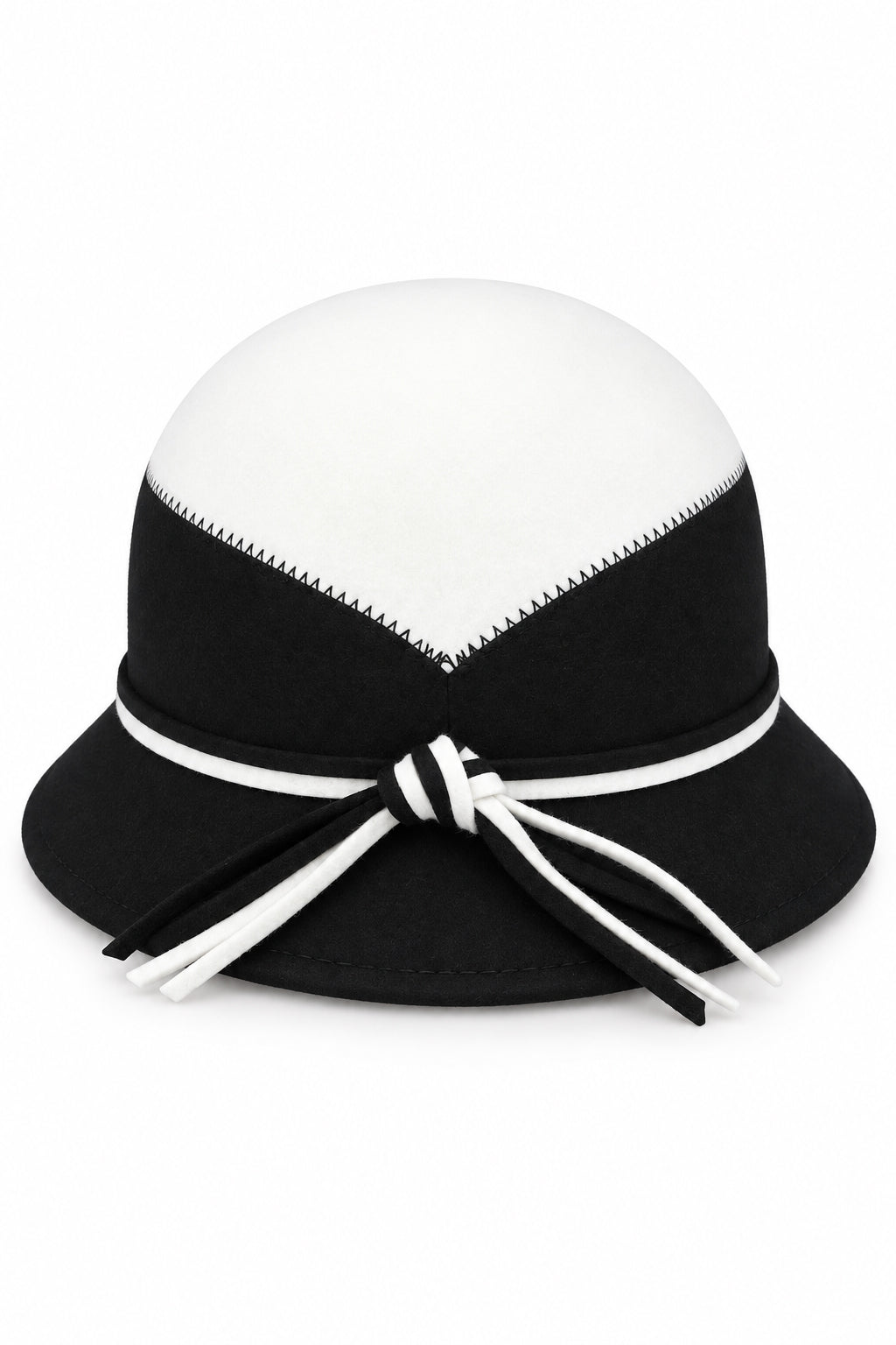 Ladies Vintage 100% Wool Two-Tone Cloche Hat with Strap Bow Trim – Ivory & Black