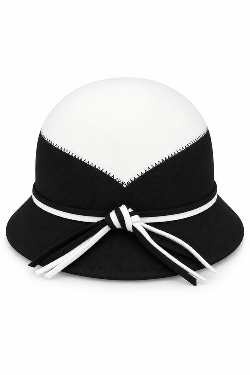 Ladies Vintage 100% Wool Two-Tone Cloche Hat with Strap Bow Trim – Ivory & Black
