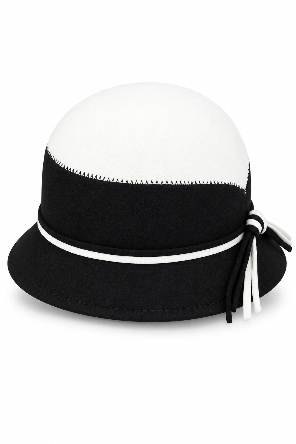 Ladies Vintage 100% Wool Two-Tone Cloche Hat with Strap Bow Trim – Ivory & Black