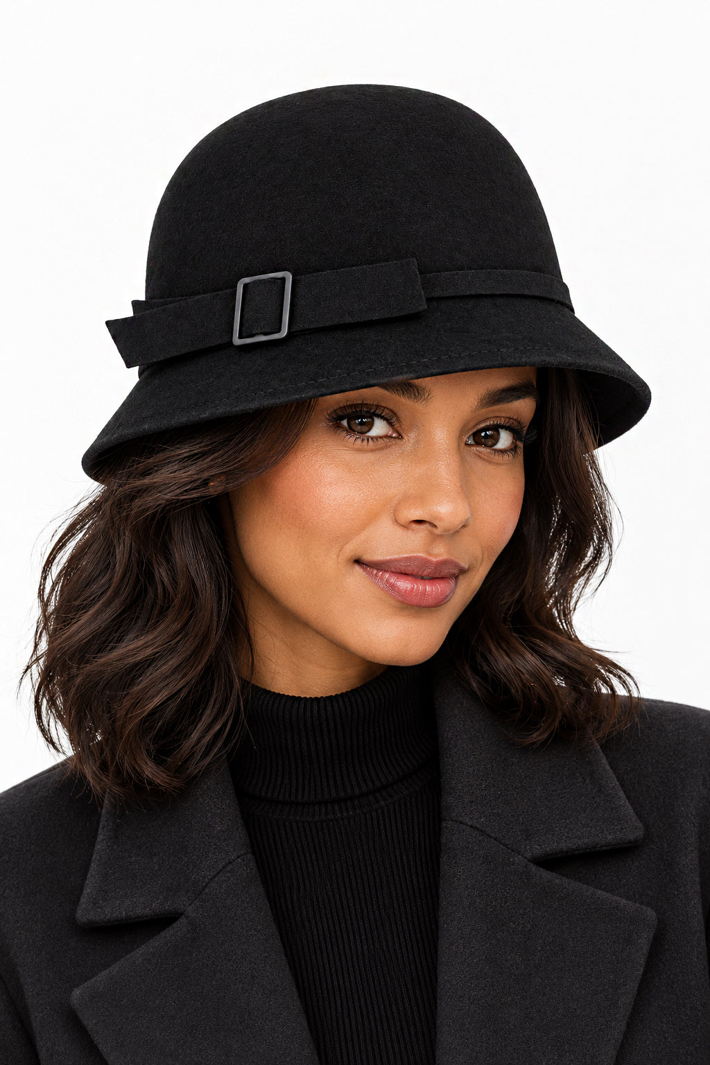 Ladies Vintage 100% Wool Cloche Hat with Buckle & Belt – Black