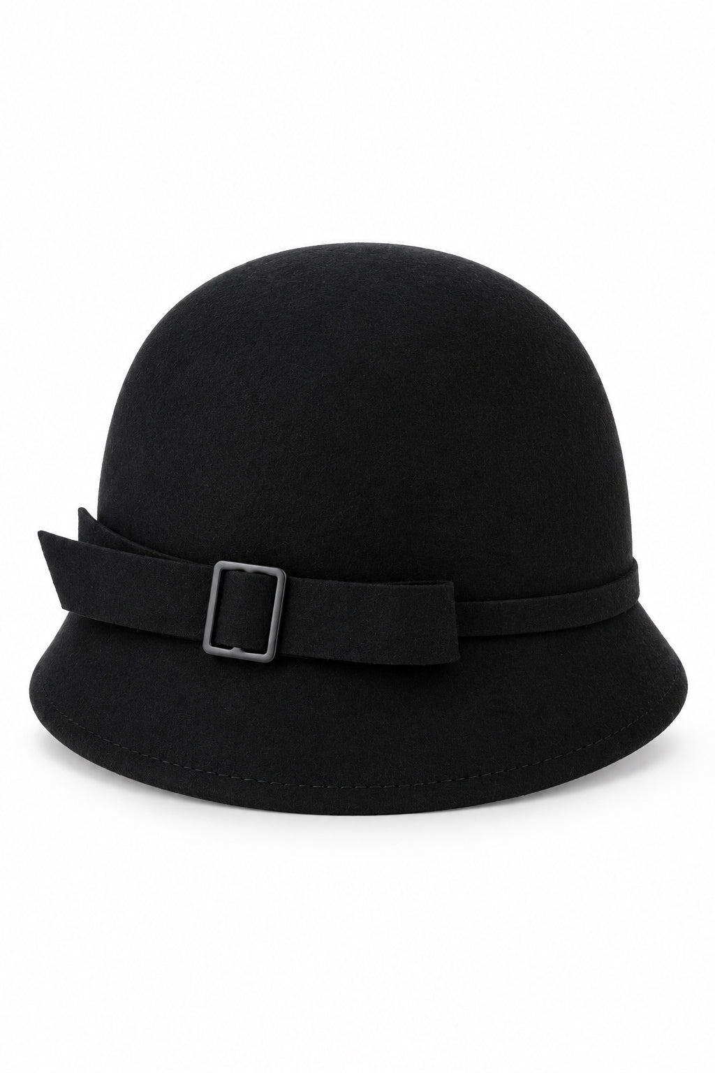 Ladies Vintage 100% Wool Cloche Hat with Buckle & Belt – Black