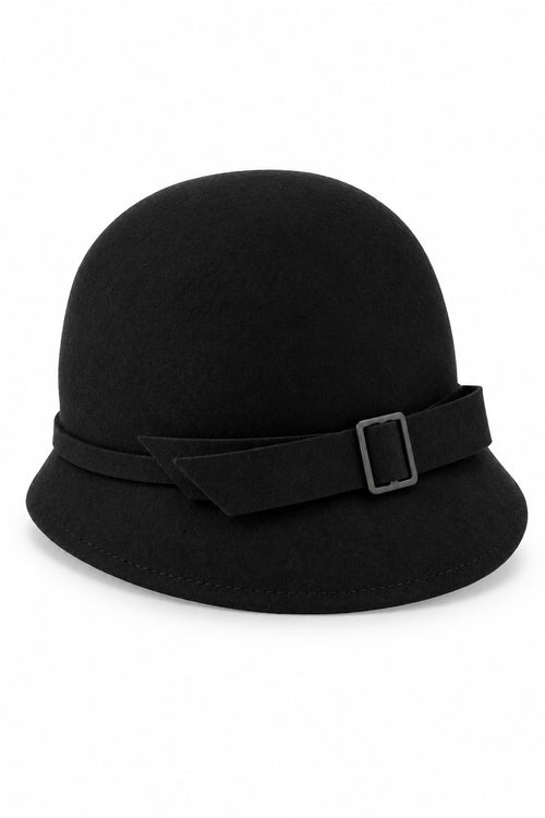 Ladies Vintage 100% Wool Cloche Hat with Buckle & Belt – Black