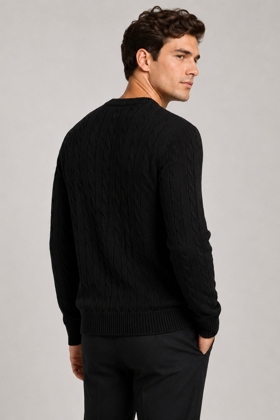 Men's Black 100% Cotton Fine Cable Knit Crew Neck Jumper