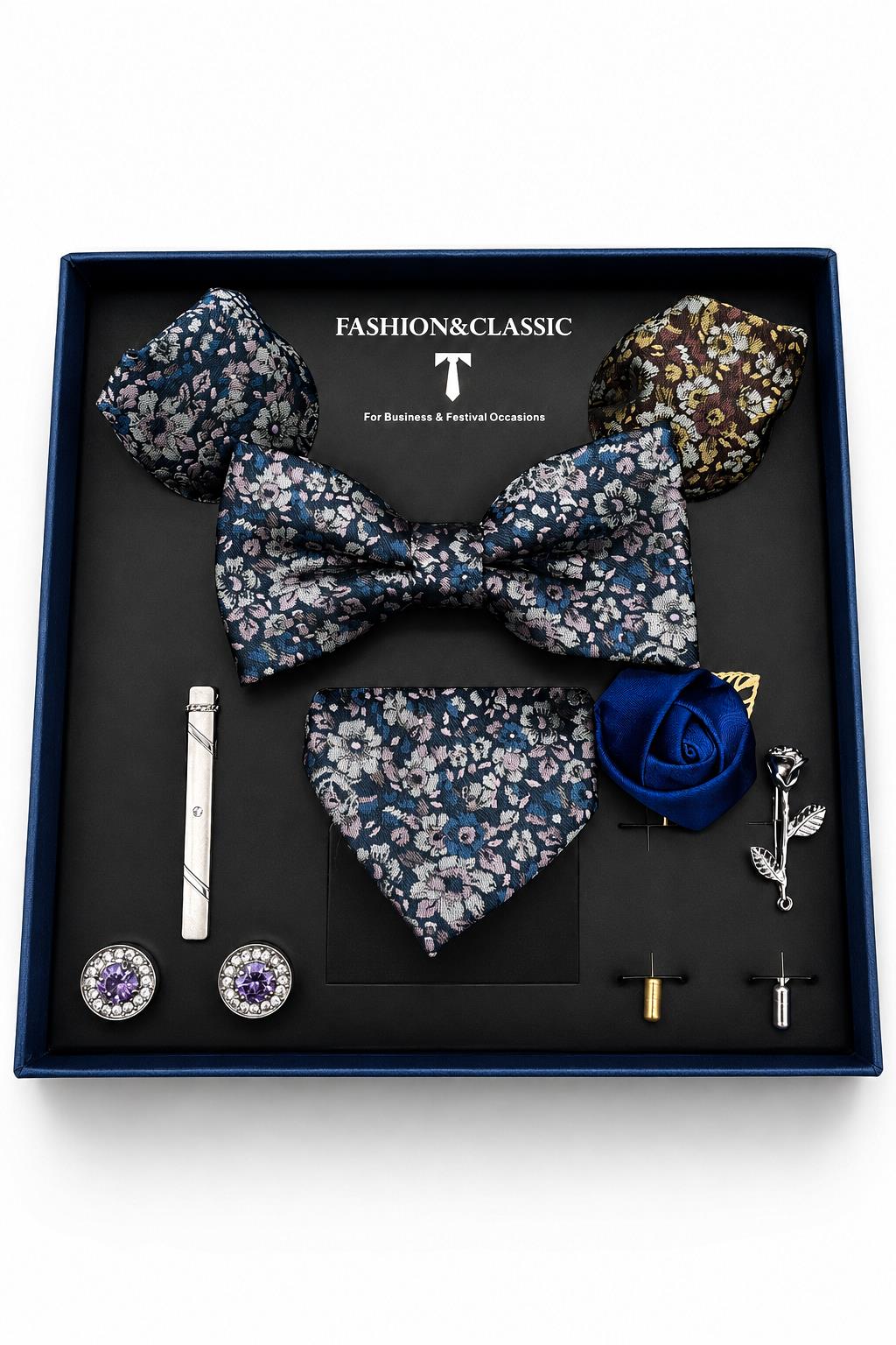 Men's Blue Floral 8 Piece Tie & Bow Tie Wedding Gift Set