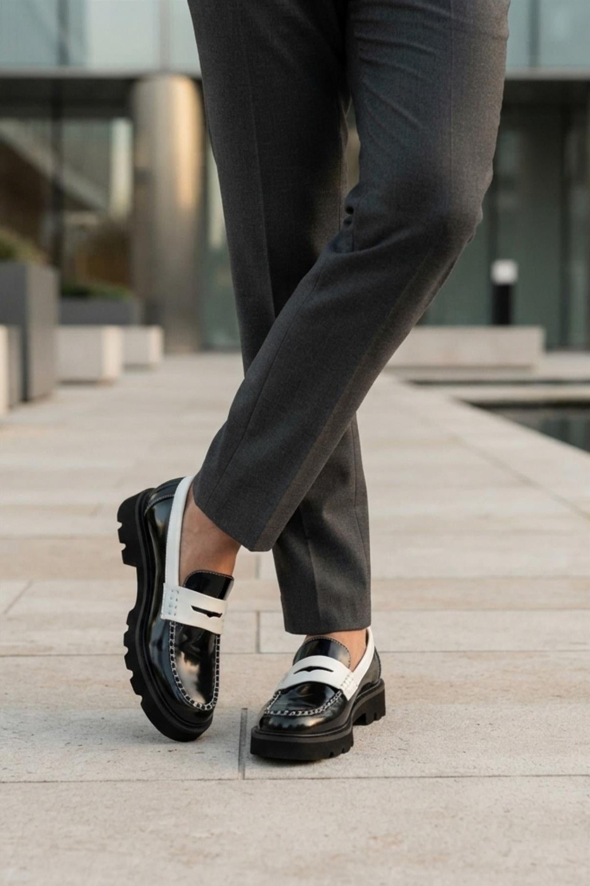 Men's Black & White Patent Chunky Penny Loafers
