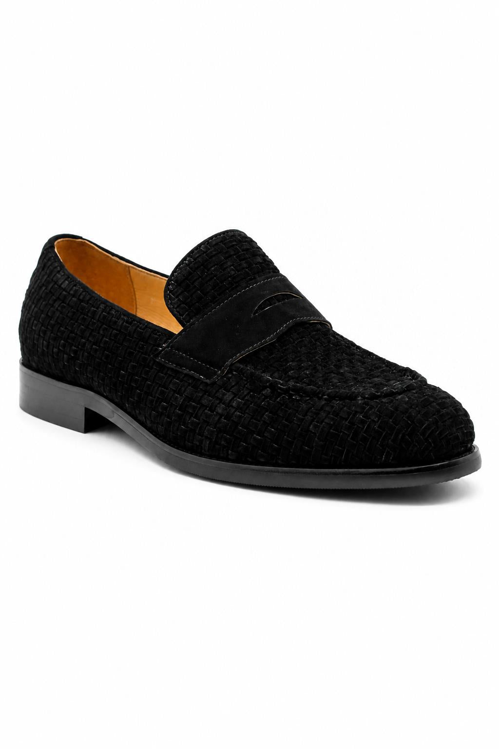 BRIO Men’s Black Woven Suede Leather Penny Loafers