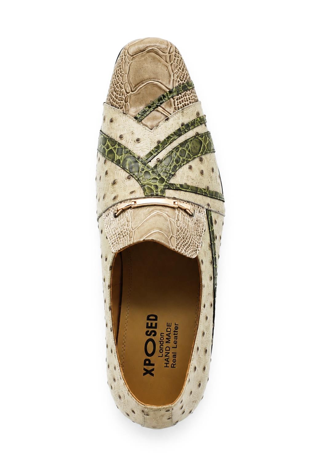 Men’s Cream & Green Snake-Effect Real Leather Loafers