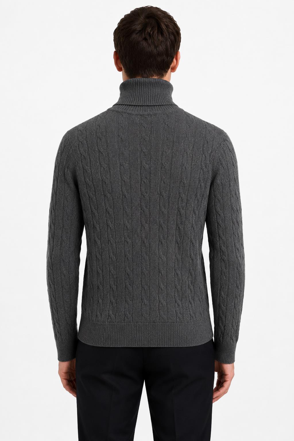 Men's Charcoal Grey 100% Cotton Fine Cable Knit Roll Neck Jumper