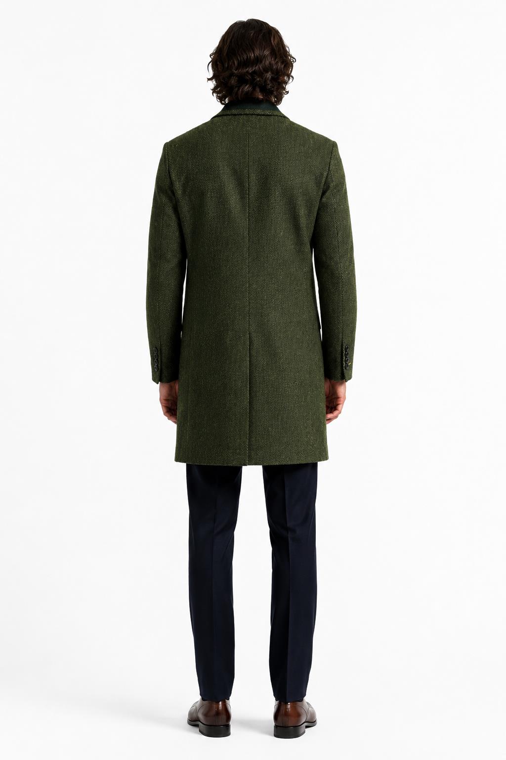 Men's Olive Green Herringbone Wool Blend Tailored Fit Overcoat