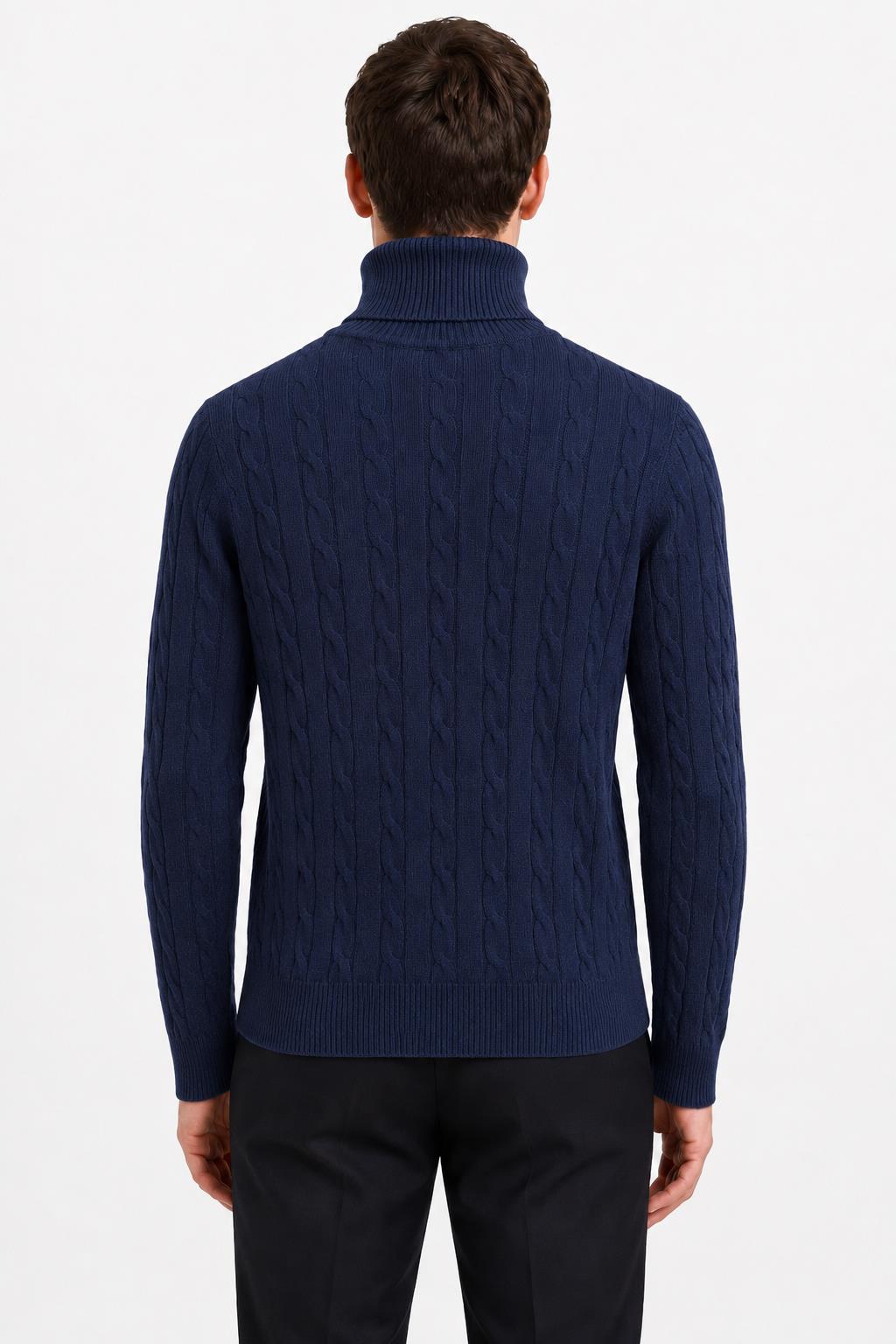 Men's Navy 100% Cotton Fine Cable Knit Roll Neck Jumper
