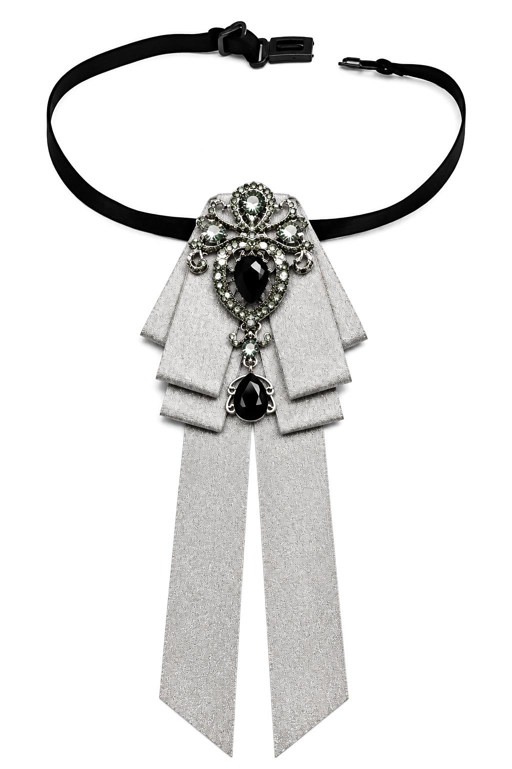 Men’s Silver Jewelled Short Ribbon Wedding Brooch Bow Tie