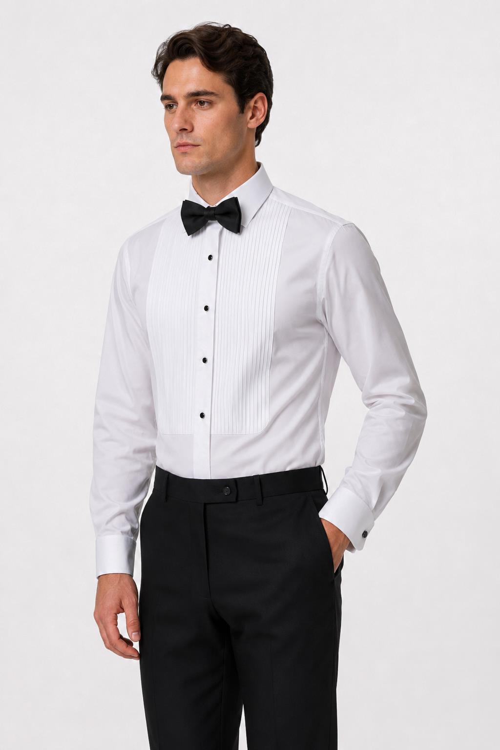 Men's White Pleated Front Tuxedo Shirt with Black Buttons & Pocket Square