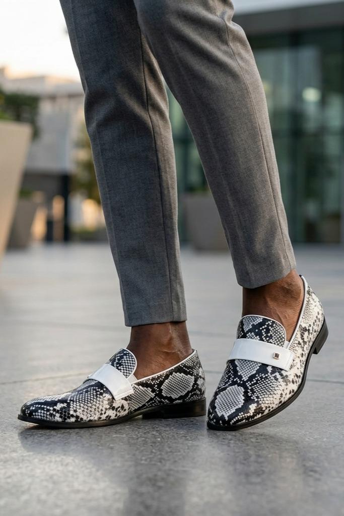 Men’s Black & White Shiny Patent Print Occasion Shoes