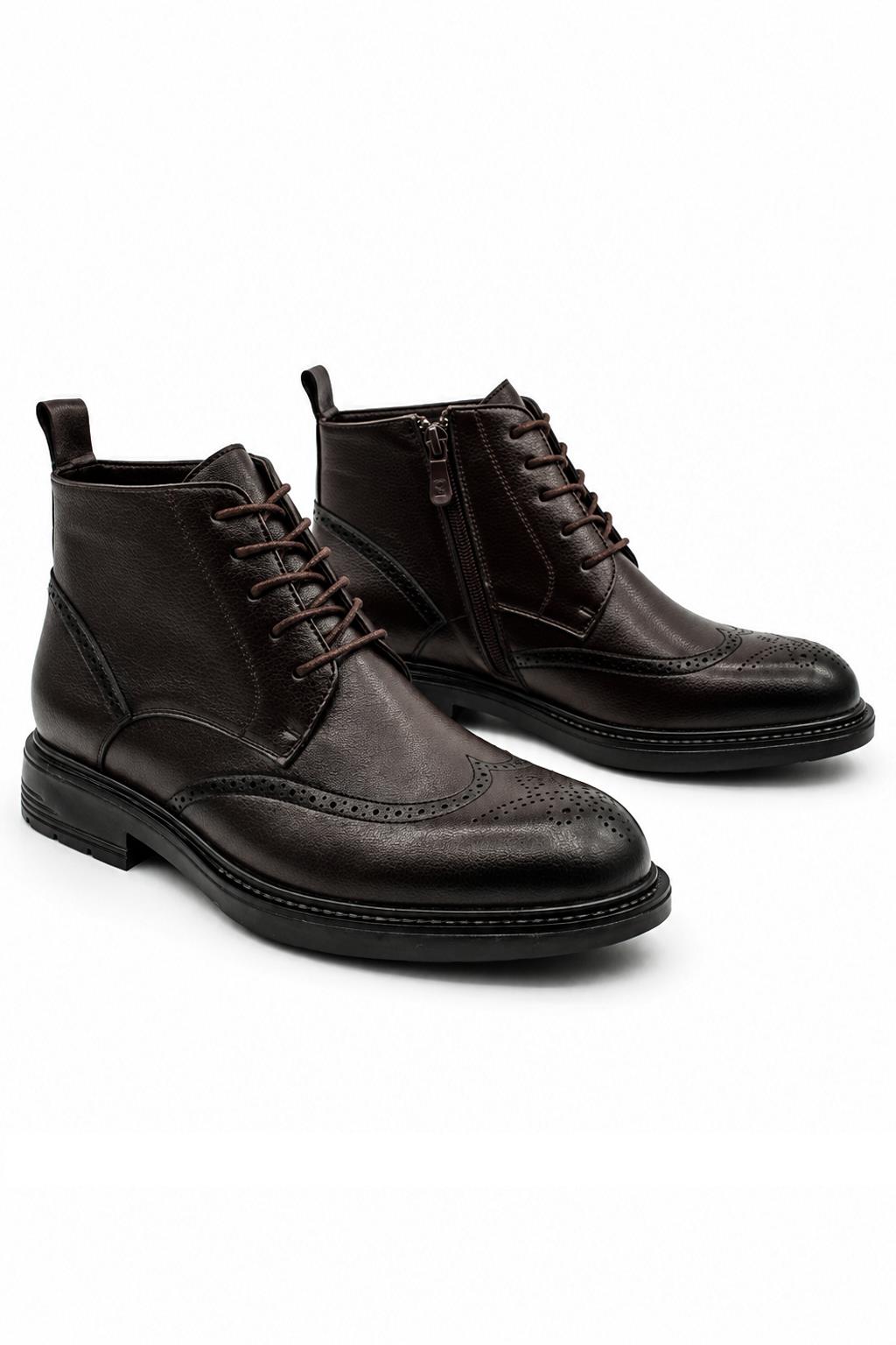 Men's Dark Brown Faux Leather Wingtip Brogue Boots