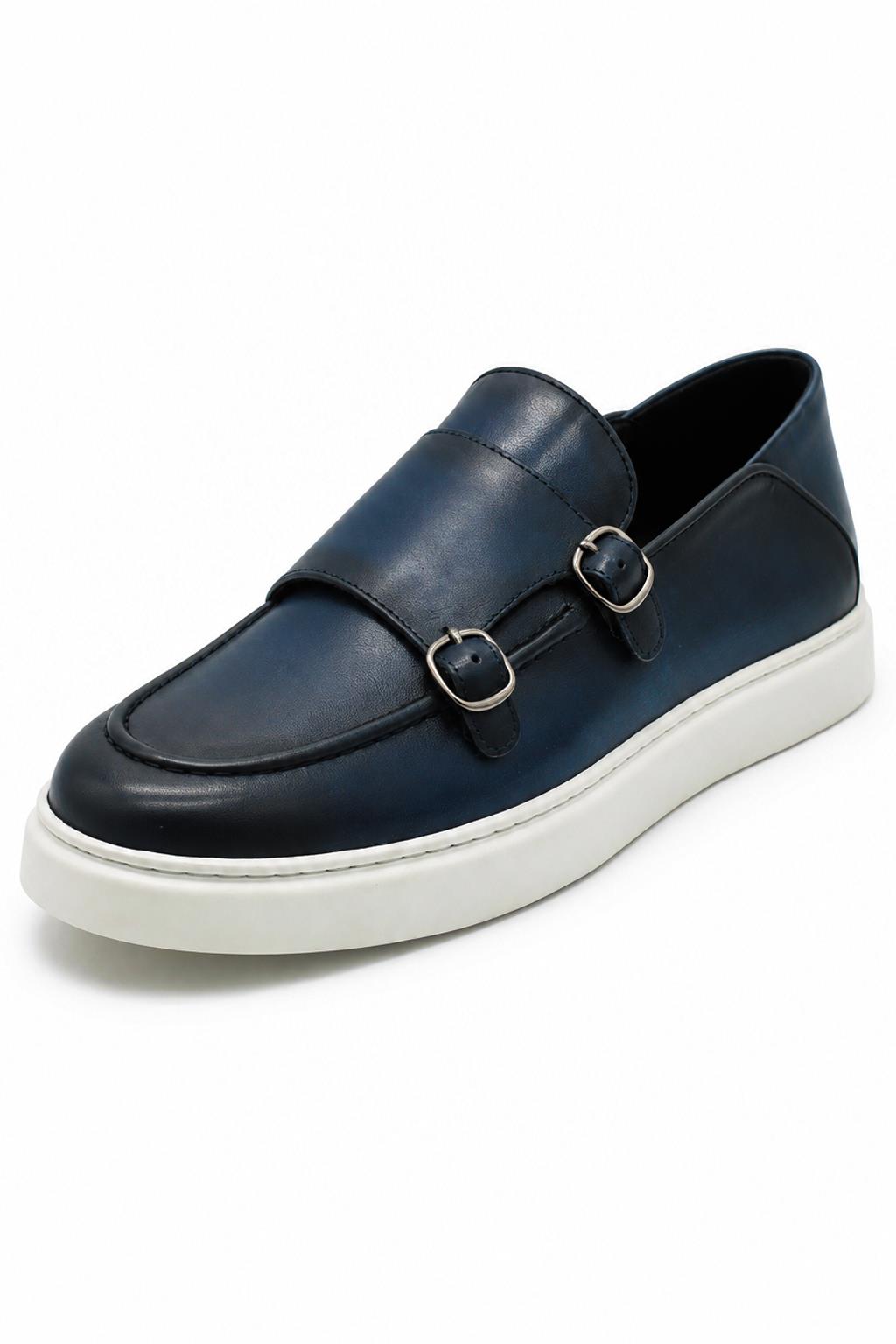Men's Navy Blue Real Leather Double Monk Strap Trainers White Sole