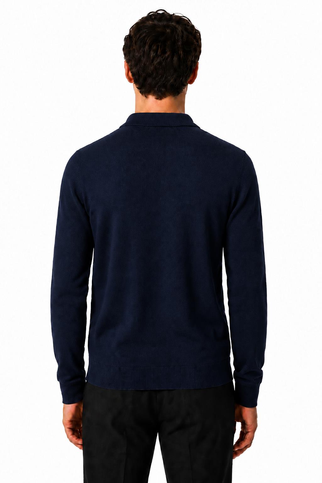 Men's Navy 100% Cotton Fine Knit Button Neck Polo Jumper