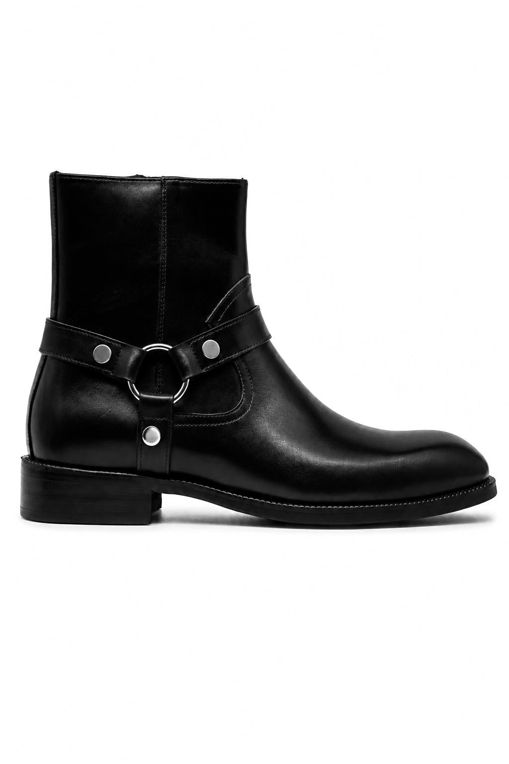 DIEGO Men’s Black Polished Leather Side Zip Ankle Biker Boots