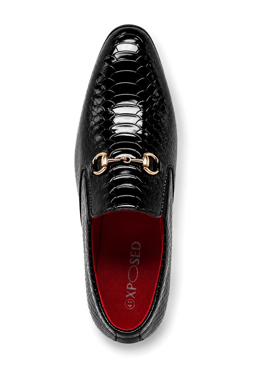 Men’s Black Patent Slip-On Loafers with Gold Snaffle Buckle