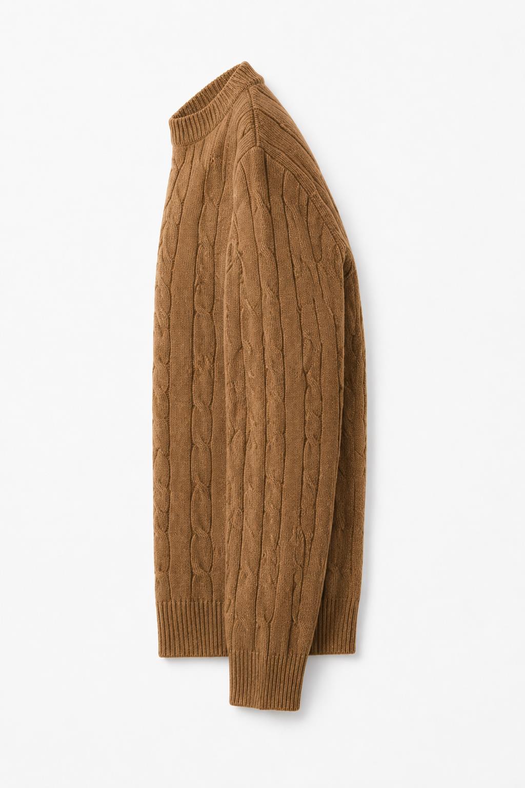 Men's Camel 100% Cotton Fine Cable Knit Crew Neck Jumper