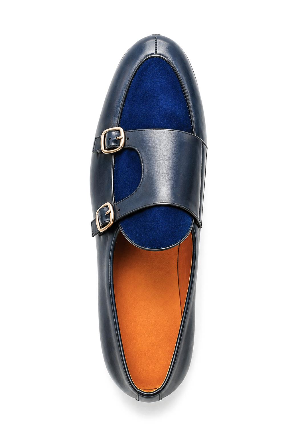 SOREN Men’s Navy Blue Leather & Suede Double Monk Shoes