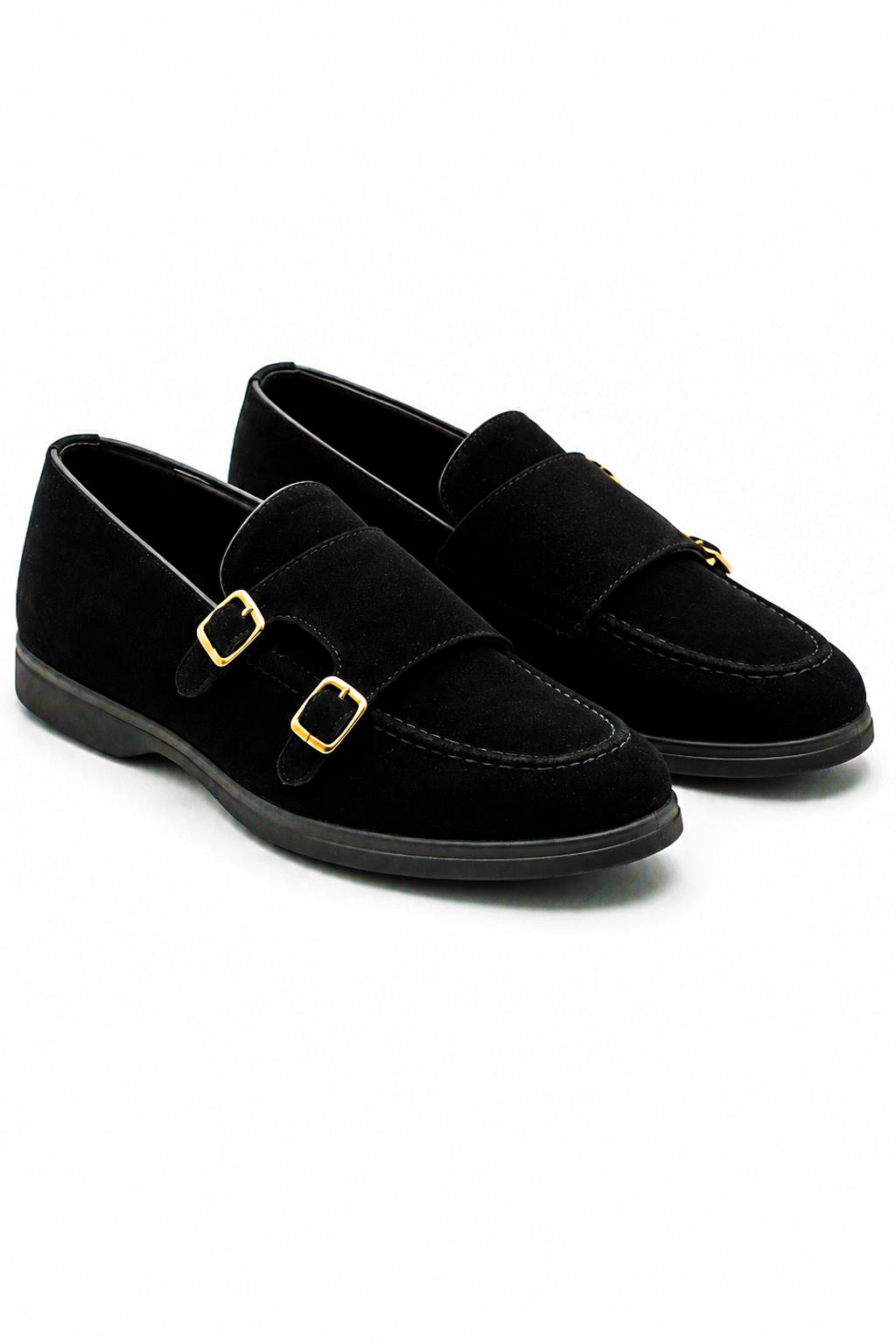 Men's Black Faux Suede Double Monk Strap Loafers