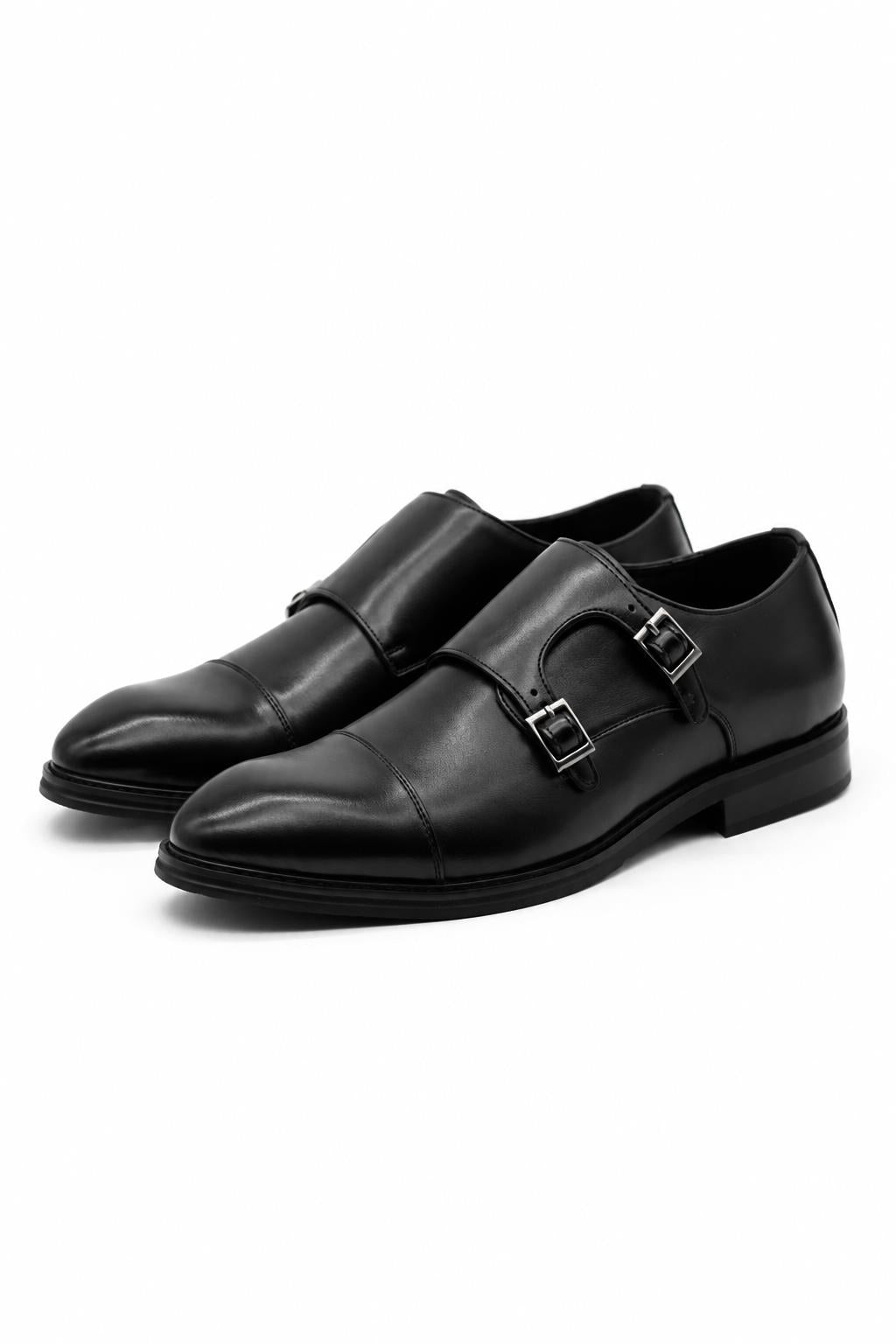 Men's Black Double Monk Strap Cap Toe Formal Shoes