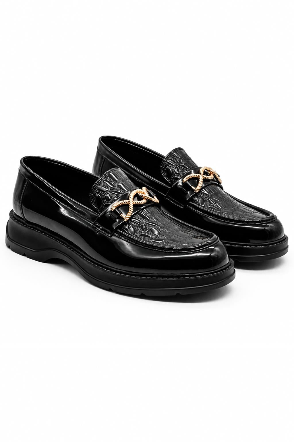 Men's Black Patent Slip-On Loafers Gold Buckle & Chunky Sole