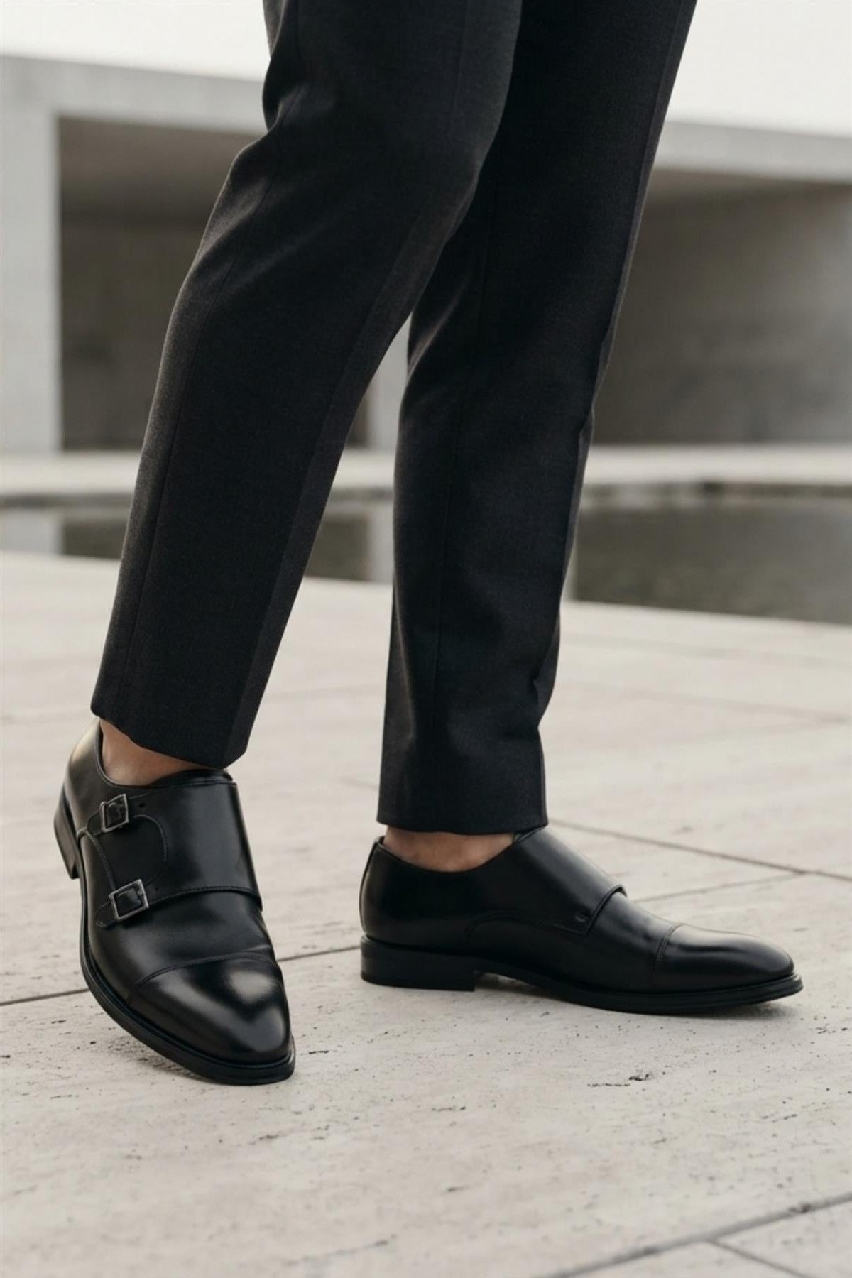 Men's Black Double Monk Strap Cap Toe Formal Shoes