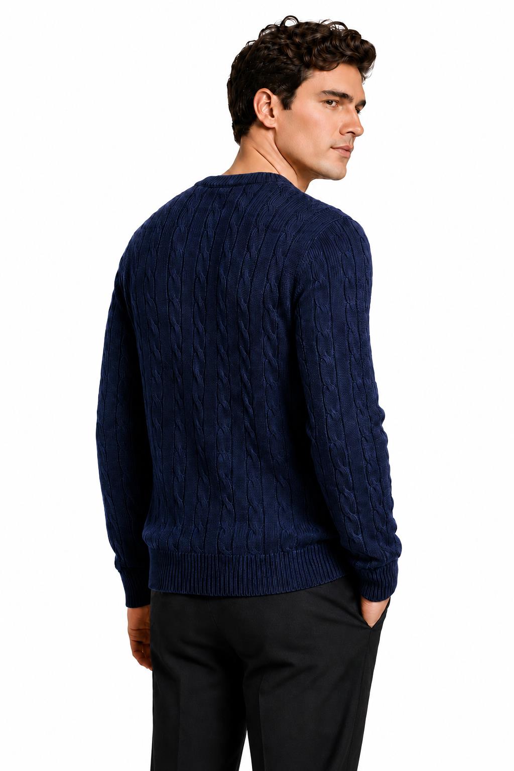 Men's Navy 100% Cotton Fine Cable Knit Crew Neck Jumper