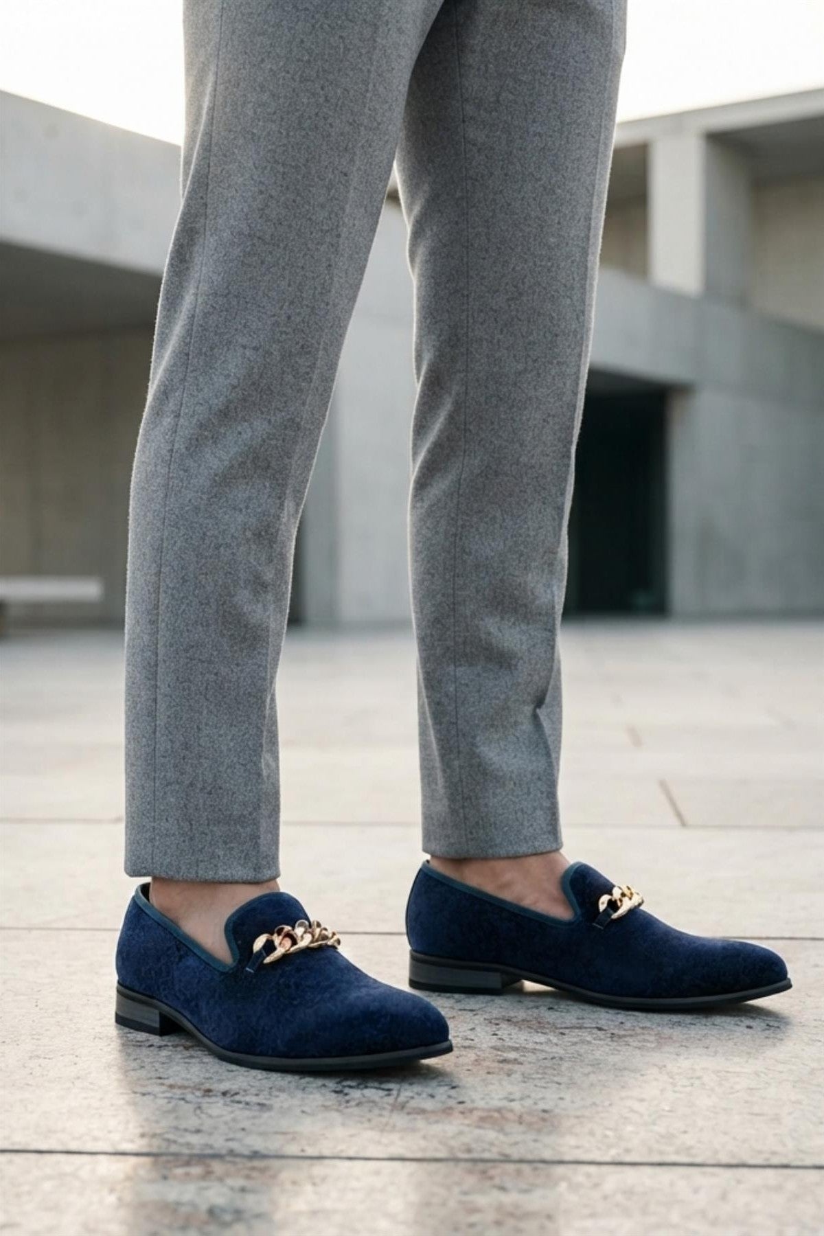 Men's Navy Floral Velvet Gold Chain Wedding Loafers