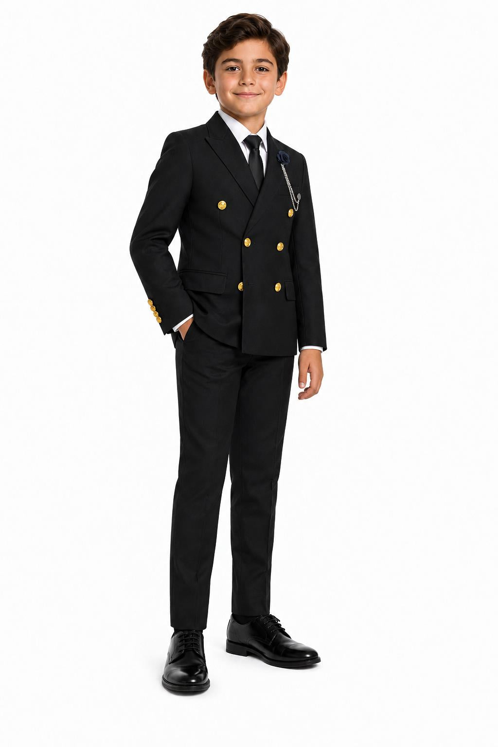Boys Black Double Breasted 2 Piece Suit with Gold Buttons & Lapel Pin