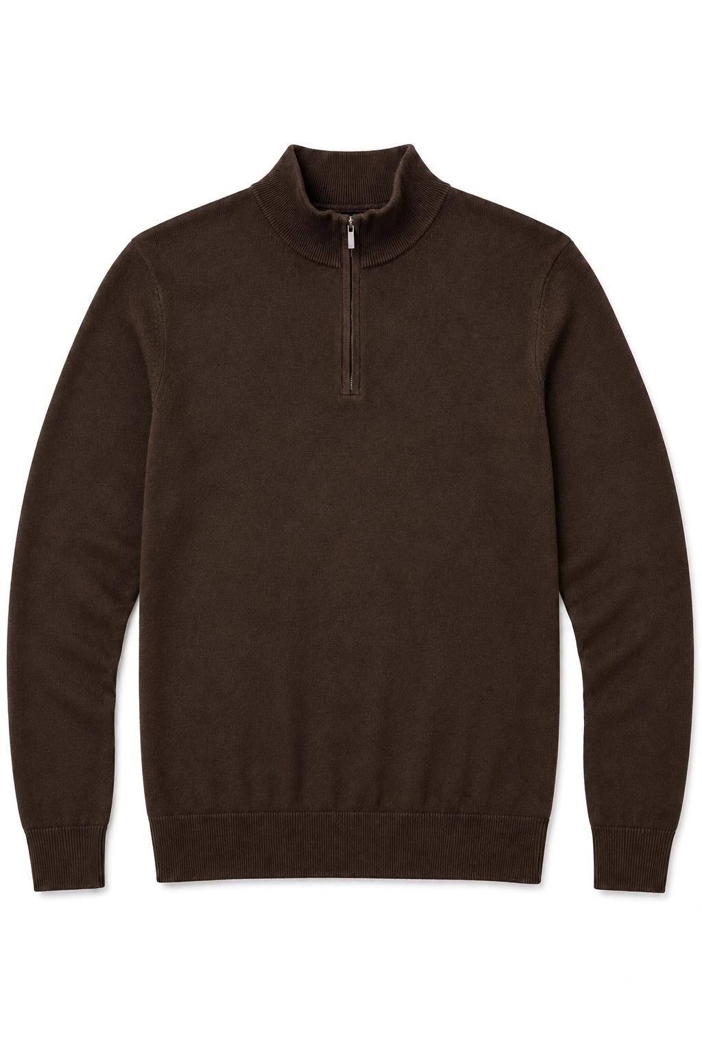 Men's Dark Brown 100% Cotton Fine Knit Quarter Zip Funnel Neck Jumper