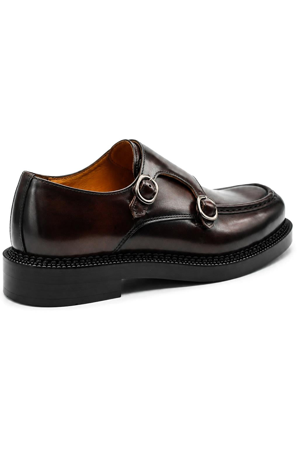 Men's Brown Leather Double Monk Strap Shoes - Chunky Sole