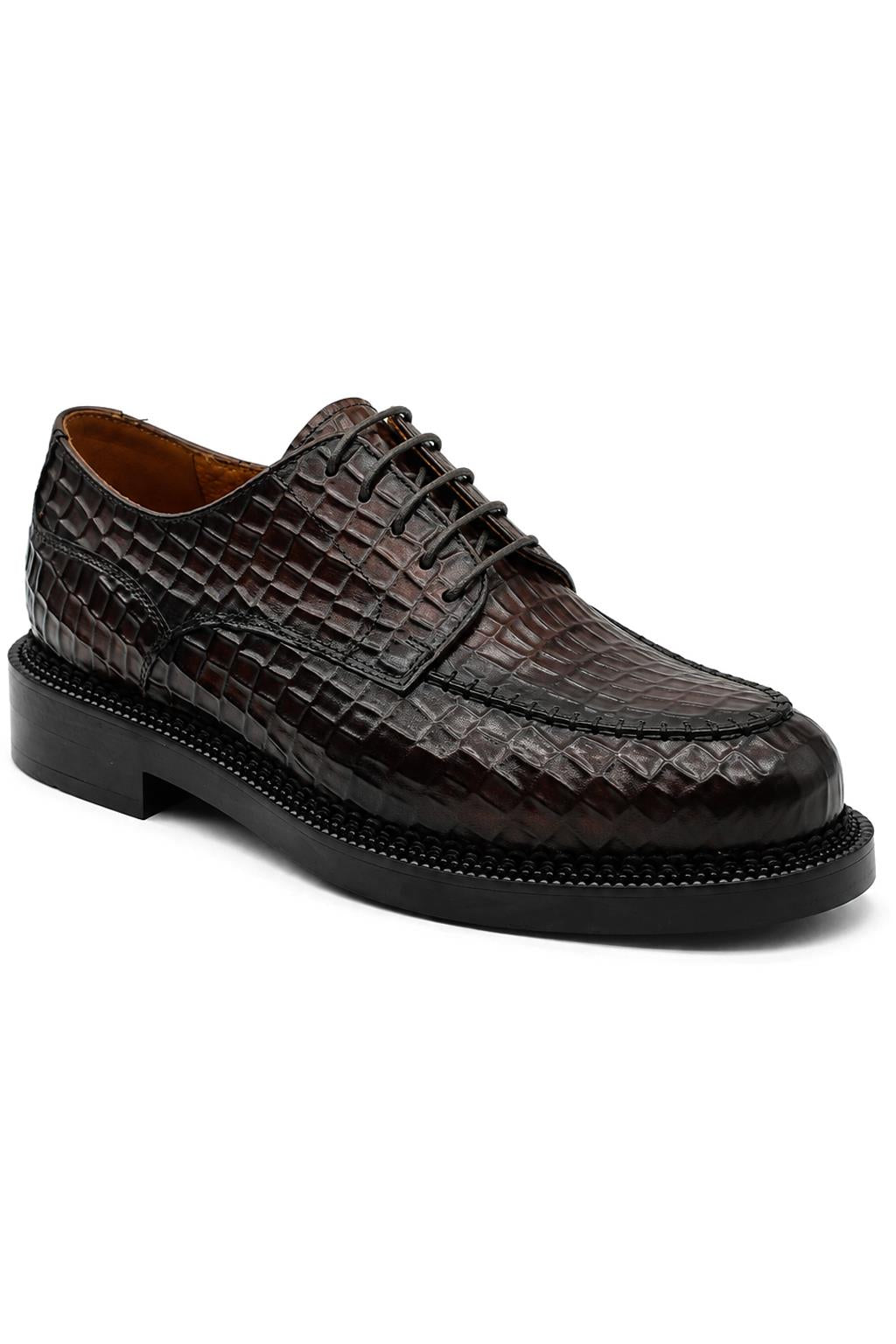 MARLOW Men’s Dark Brown Croc-Embossed Leather Moc-Toe Derby Shoes