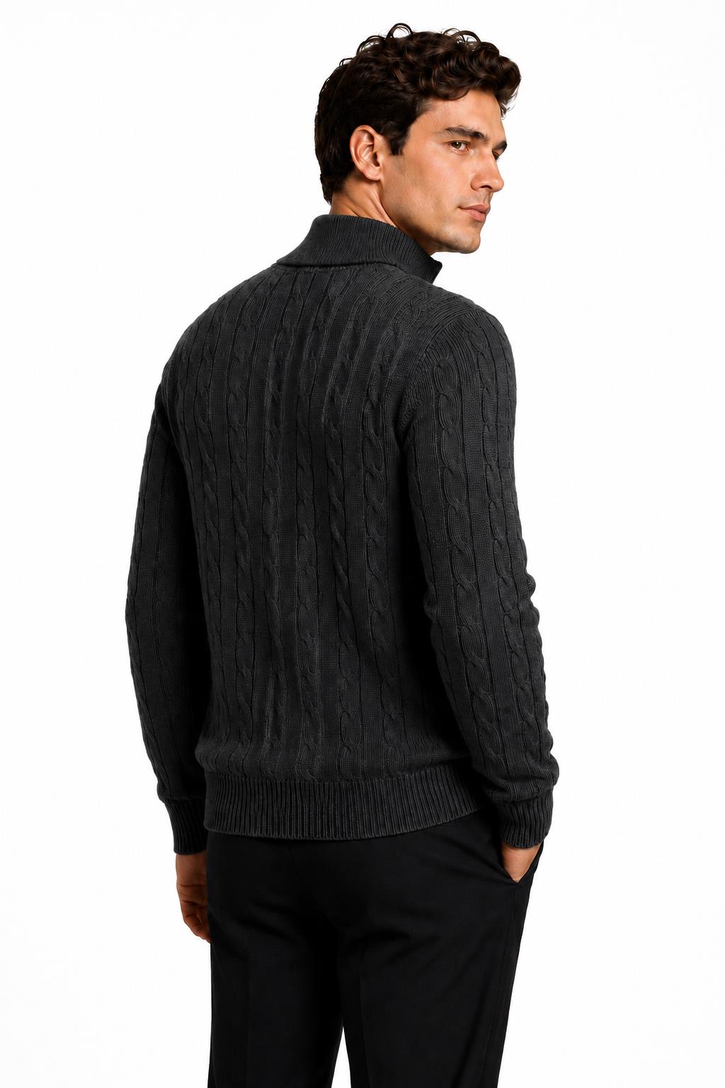 Men's Charcoal Grey 100% Cotton Fine Cable Knit Quarter Zip Neck Jumper