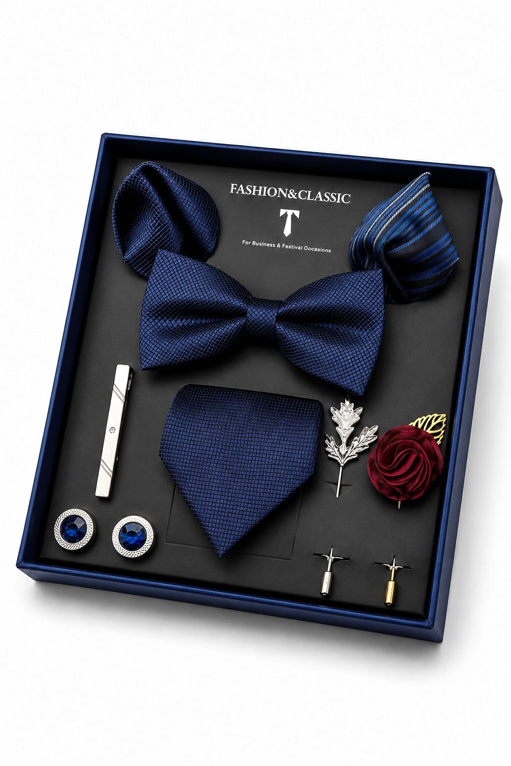 Men’s Navy Blue Textured 8-Piece Tie & Bow Tie Wedding Gift Set