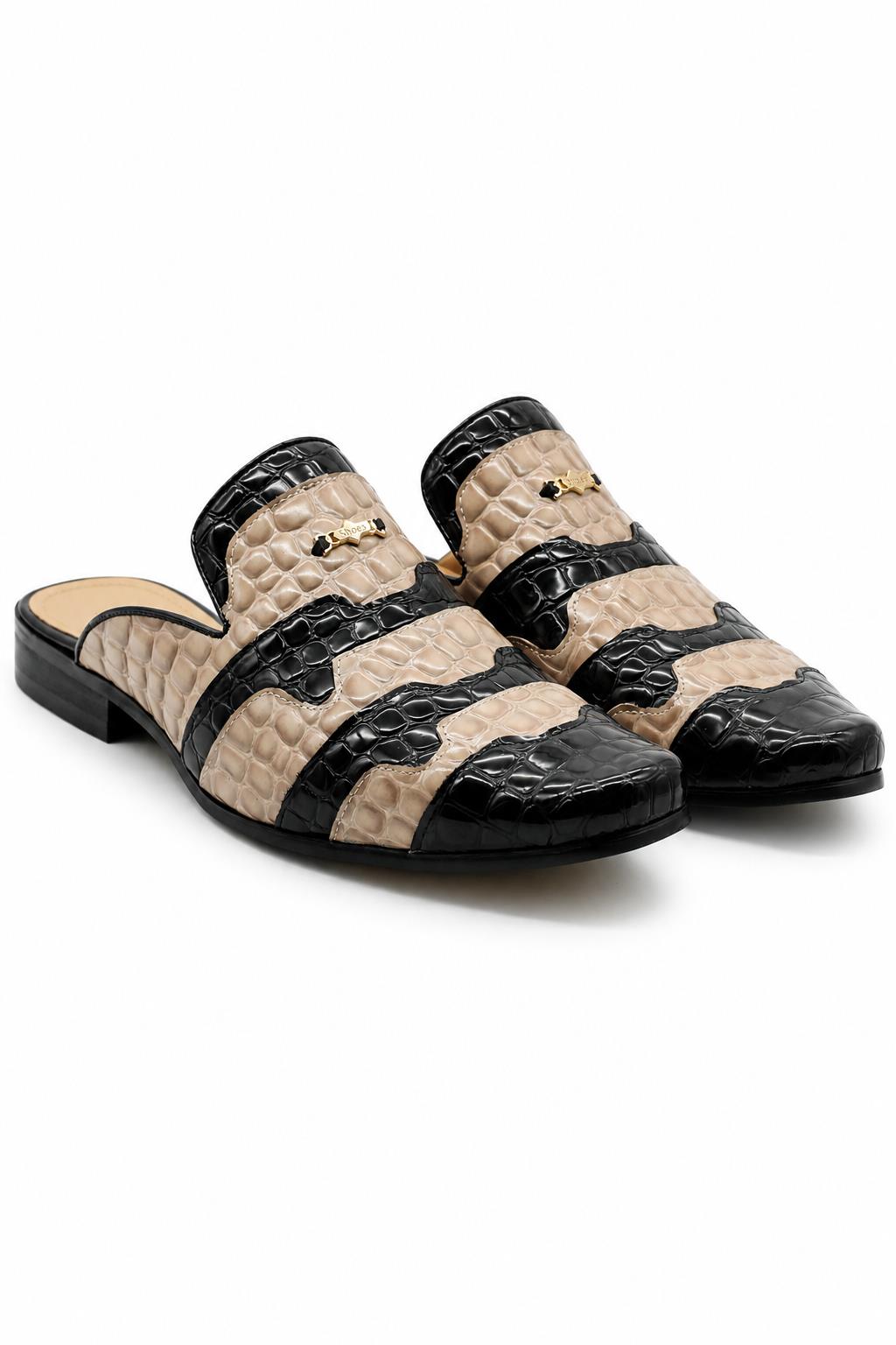 Men’s Black & Beige Shiny Patent Print Half Shoes