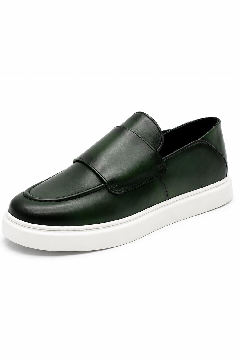 Men's Green Real Leather Monk Strap Trainers with White Sole