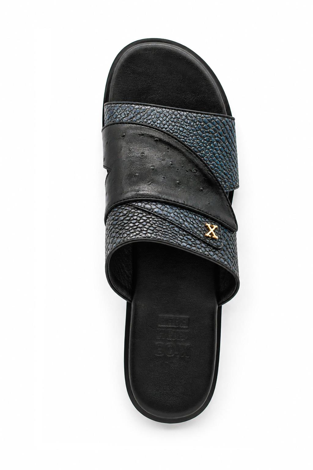 Men's Black & Grey Handmade Real Leather Open Front Slide Sandals