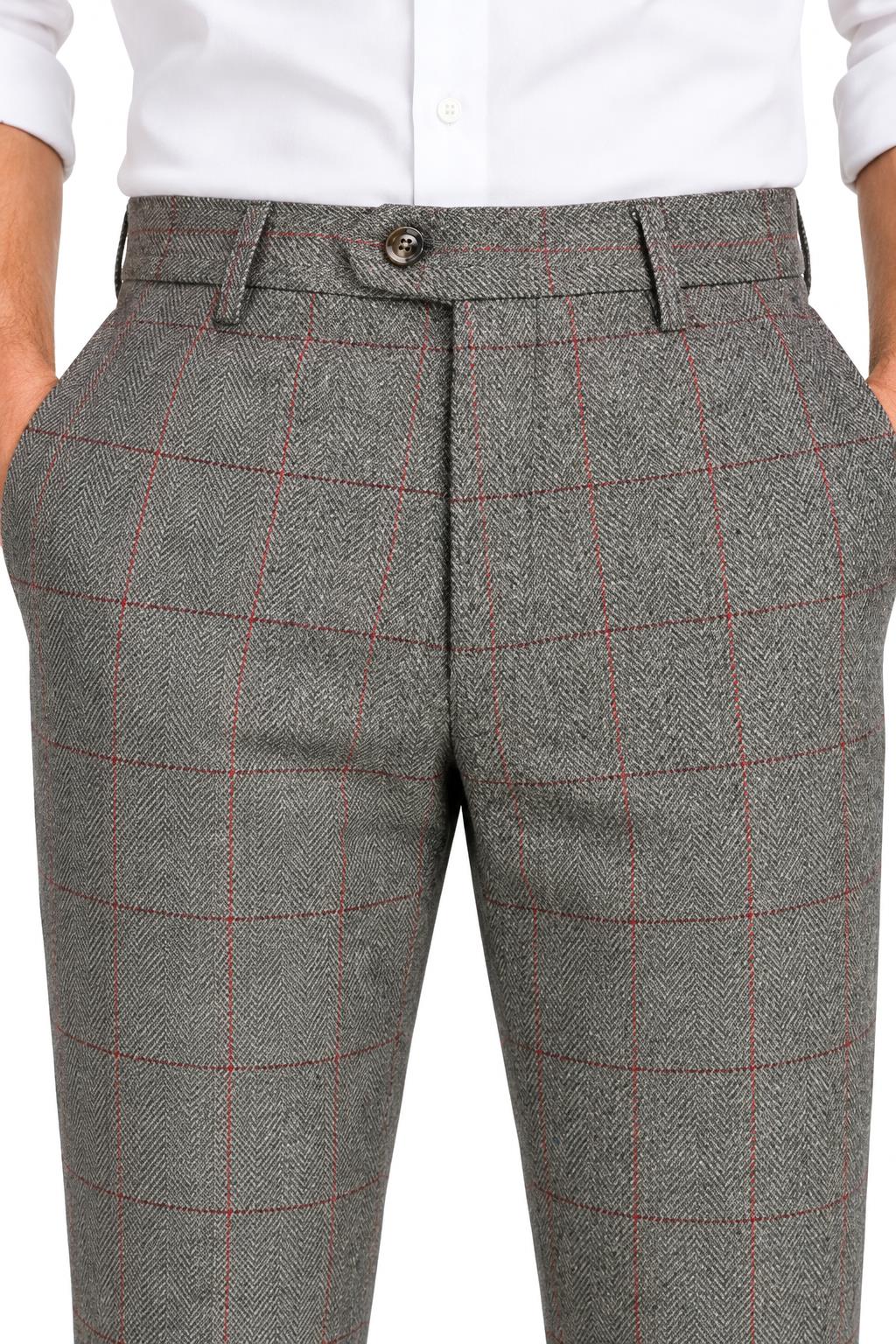 Kano - Mens Grey Double Breasted Tweed Herringbone Trousers