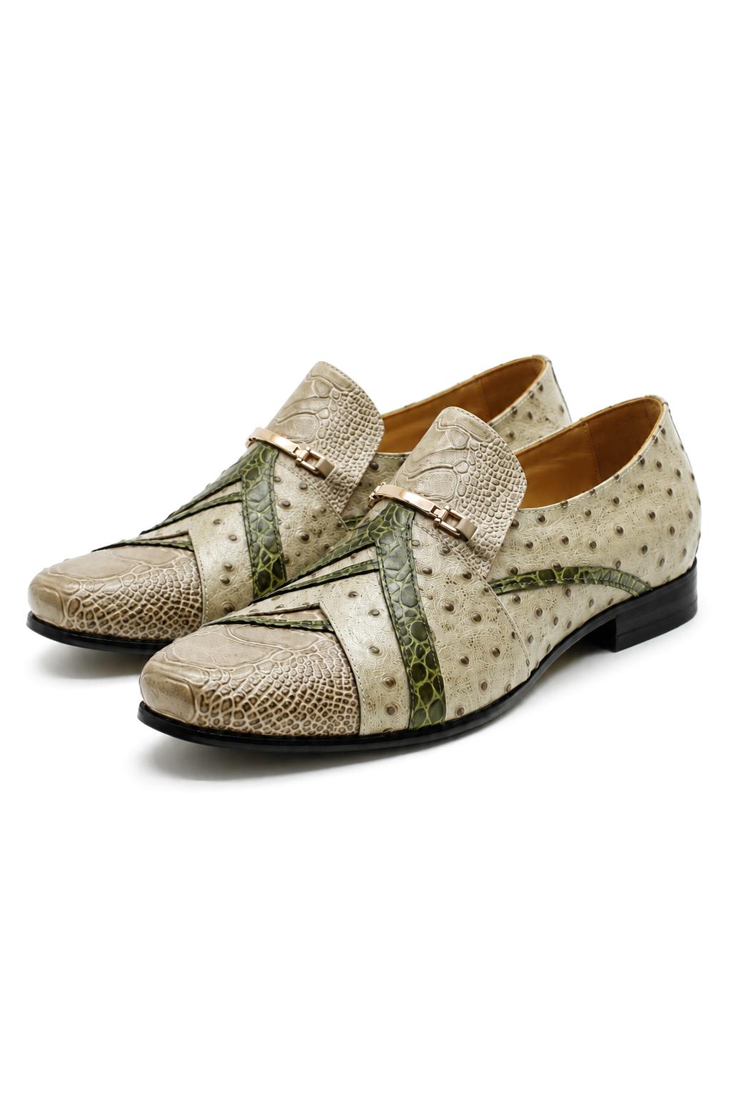 Men’s Cream & Green Snake-Effect Real Leather Loafers