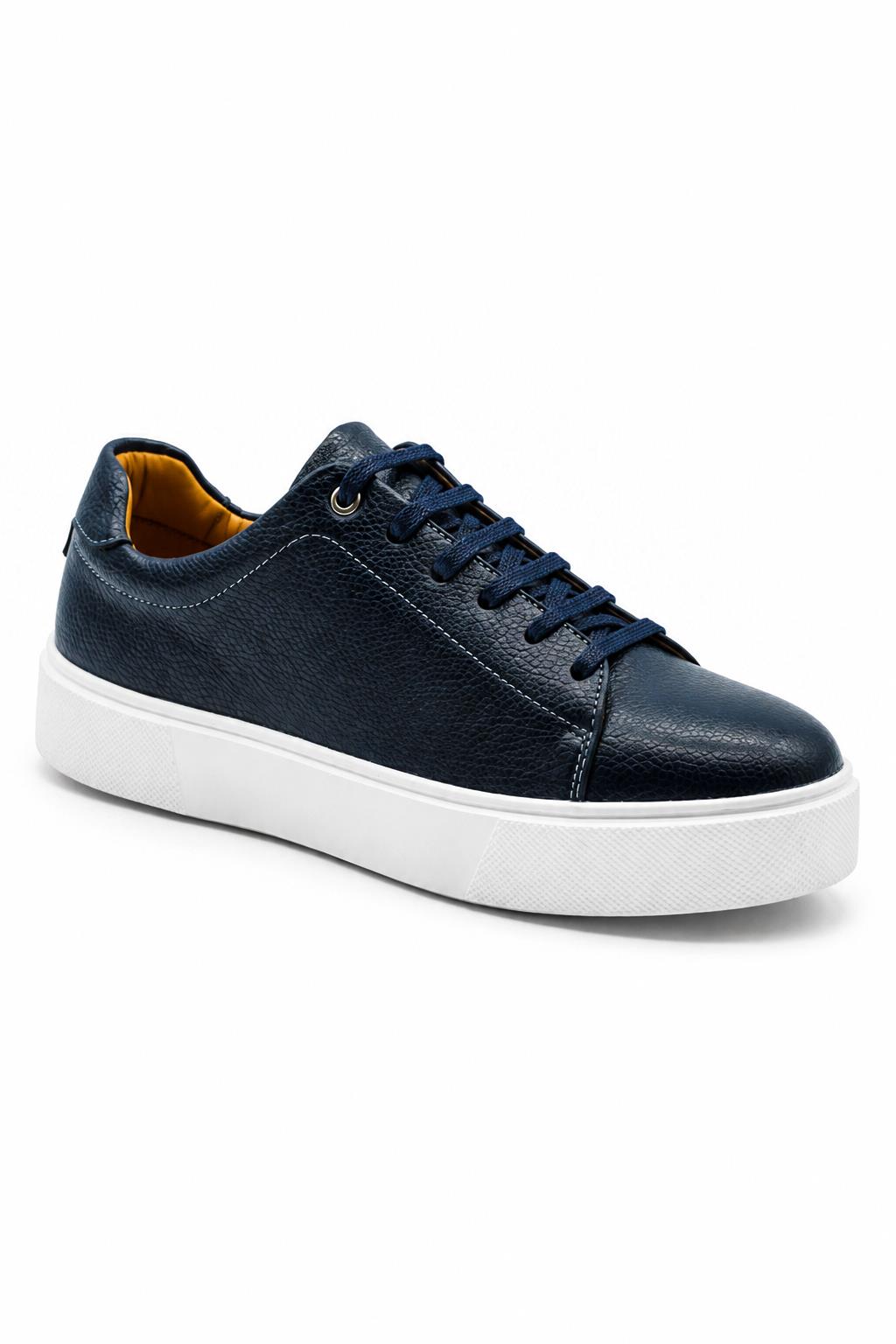 Men’s Navy Grain-Effect Faux Leather Lace-Up Trainers