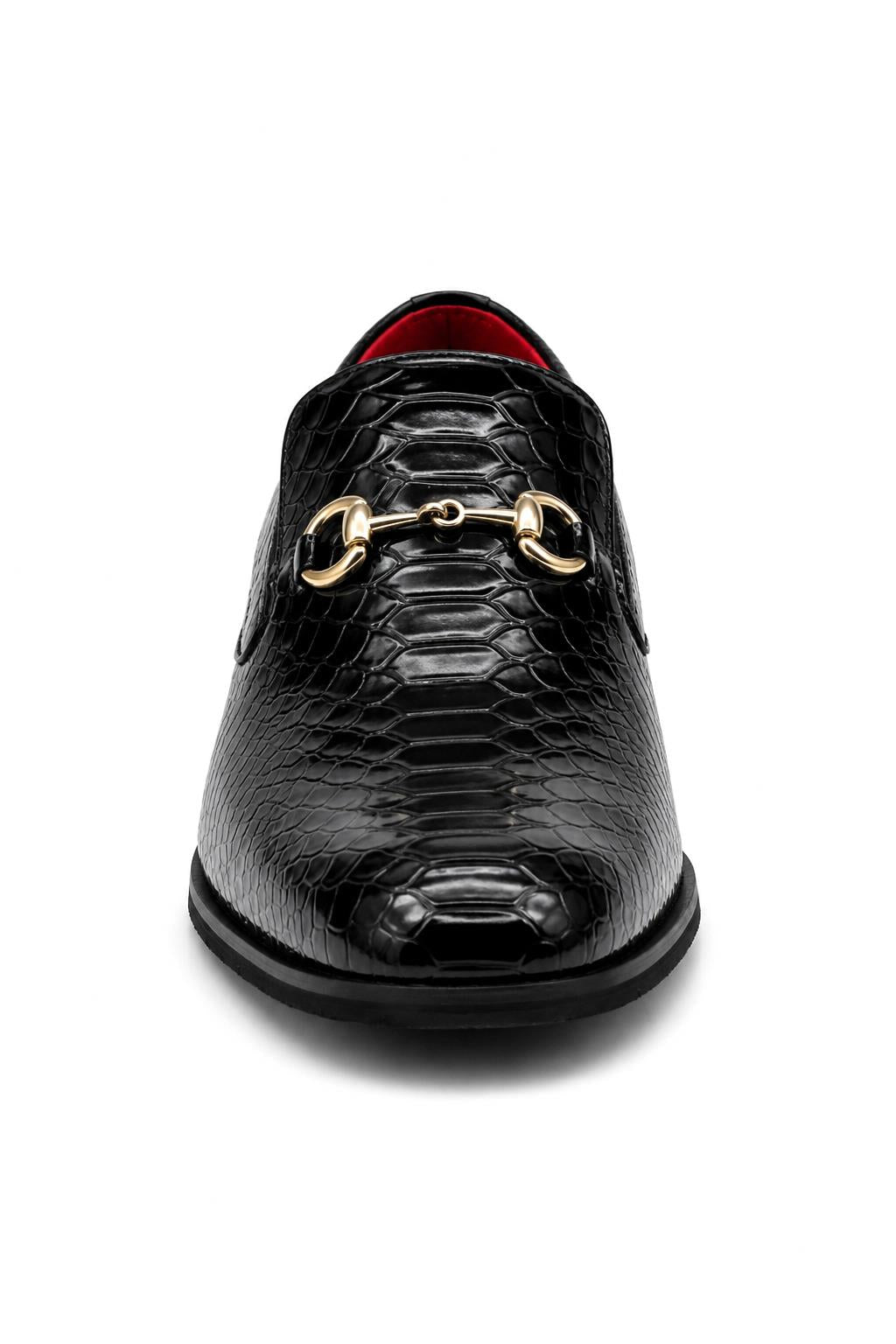 Men’s Black Patent Slip-On Loafers with Gold Snaffle Buckle