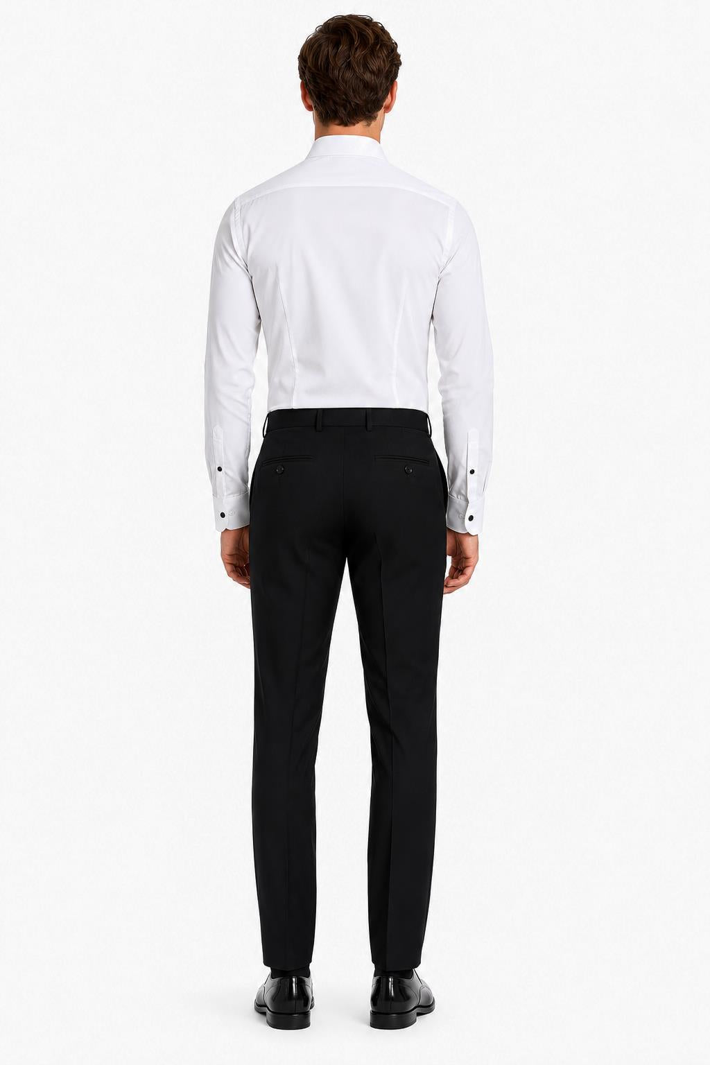 Men's White Pleated Front Tuxedo Shirt with Black Buttons & Pocket Square