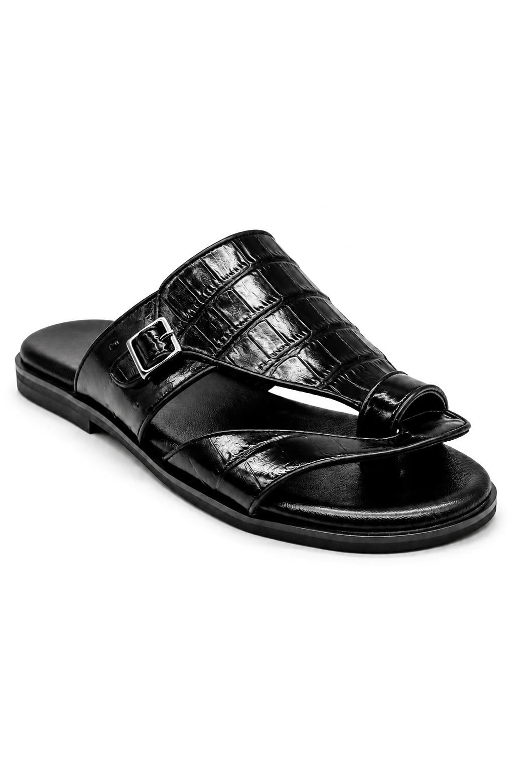 Men's Black Handmade Real Leather Croc-Effect Sandals