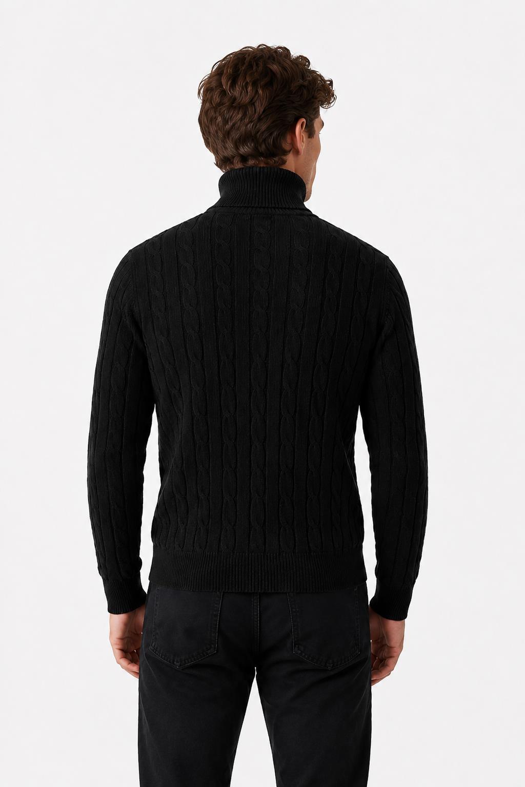 Men's Black 100% Cotton Fine Cable Knit Roll Neck Jumper